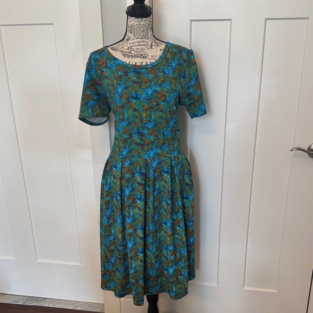 LuLaRoe Teal and Brown Palm-Print Midi Dress